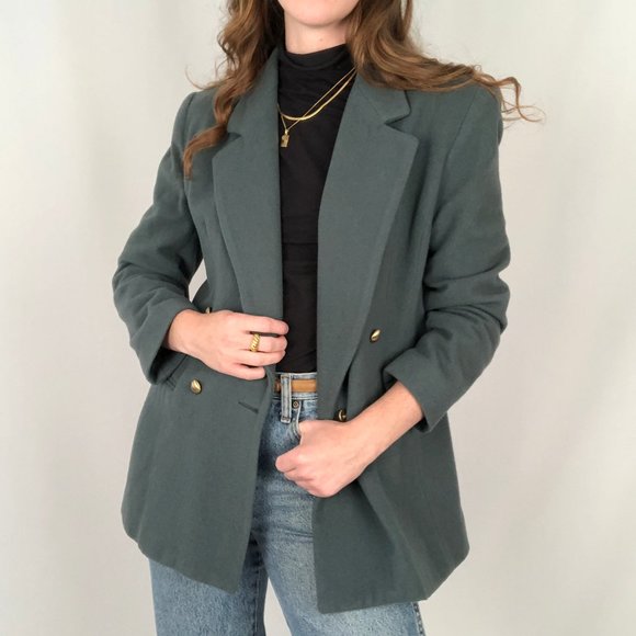 Vintage Cashmere Wool Blend Double Breasted Oversized Preppy Blazer Jacket Coat - Picture 10 of 10